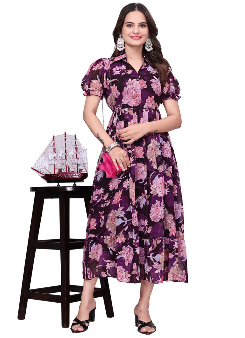 Wine Flower Printed Georgette Fit & Flare Midi Dress