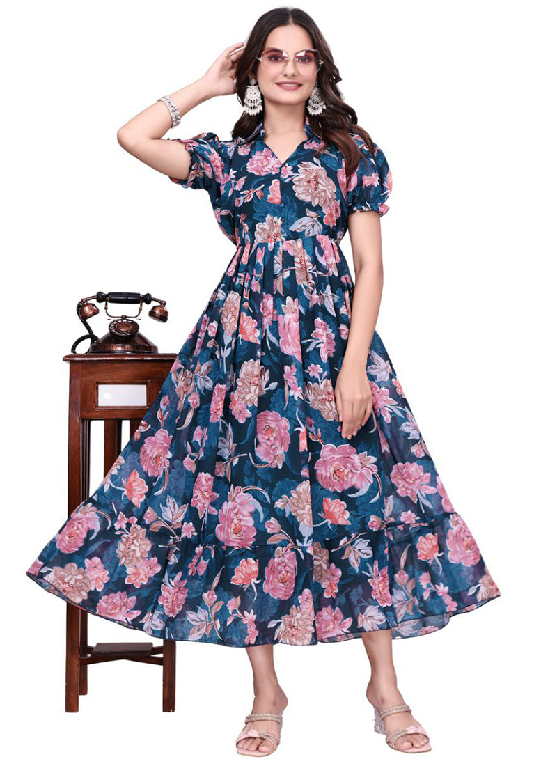 Navy Blue Flower Printed Georgette Fit & Flare Midi Dress