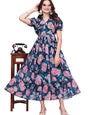 Navy Blue Flower Printed Georgette Fit & Flare Midi Dress
