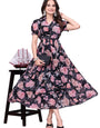 Black Flower Printed Georgette Fit & Flare Midi Dress