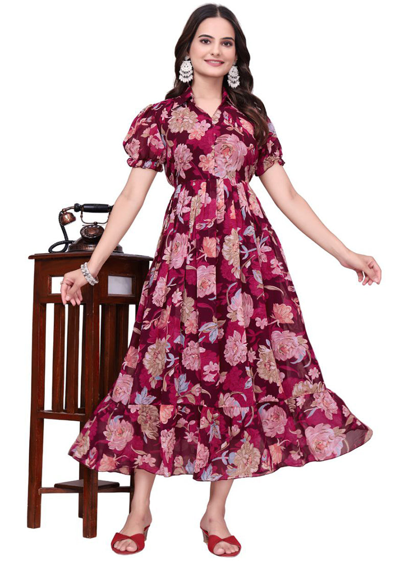 Maroon Flower Printed Georgette Fit & Flare Midi Dress