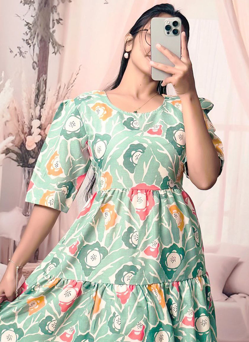 Mint Green Cotton Digital Printed Midi Dress