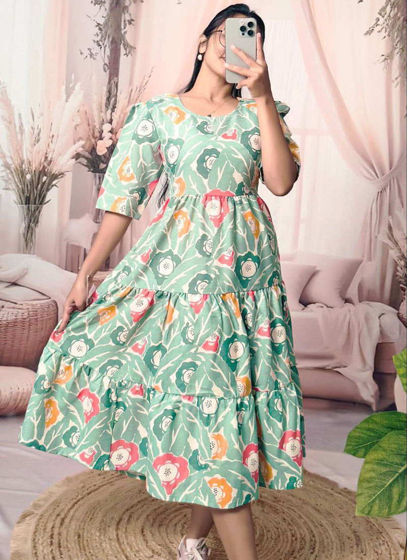 Mint Green Cotton Digital Printed Midi Dress