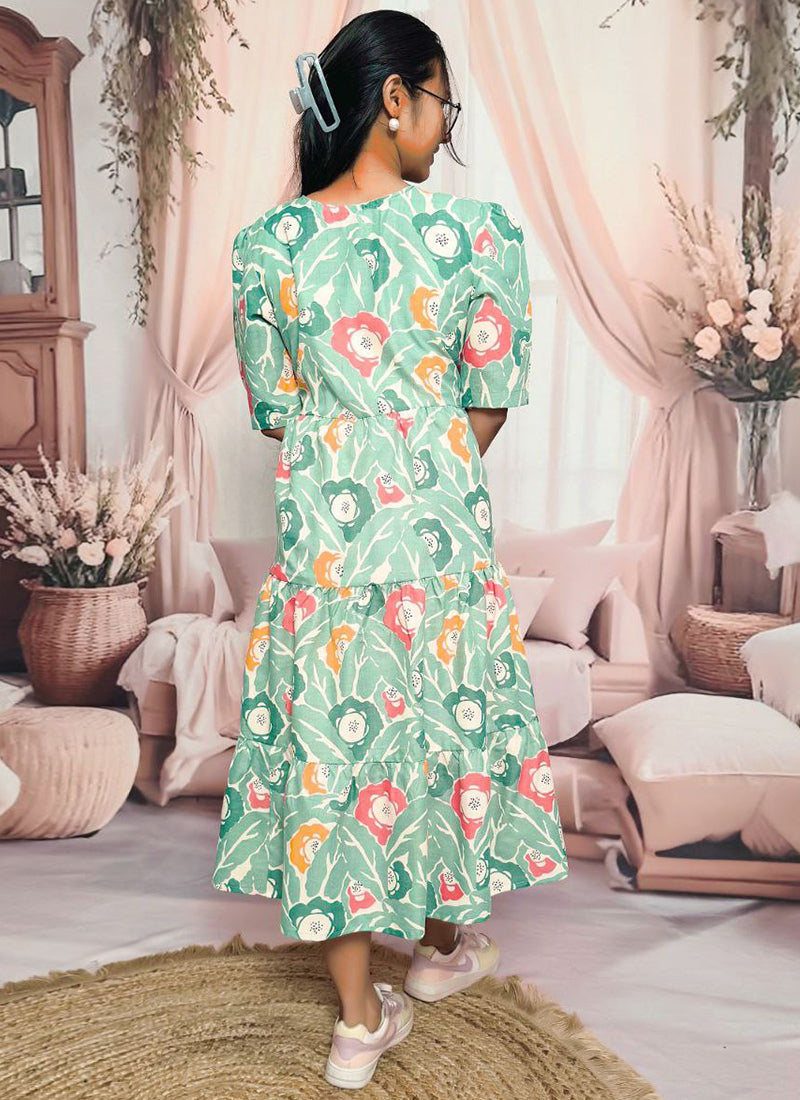 Mint Green Cotton Digital Printed Midi Dress