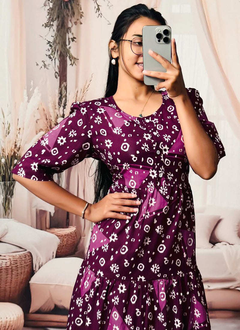 Purple Floral Printed Cotton Flare Midi Dress