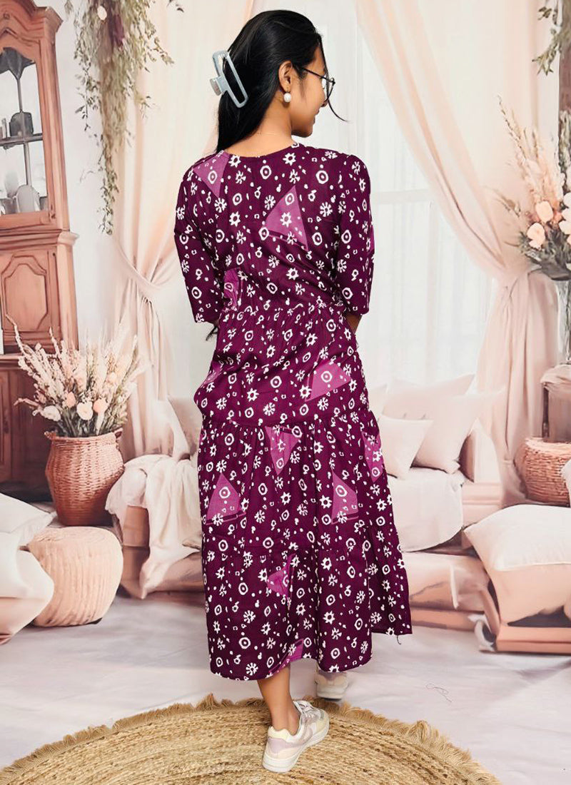 Purple Floral Printed Cotton Flare Midi Dress