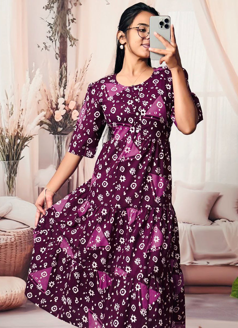Purple Floral Printed Cotton Flare Midi Dress