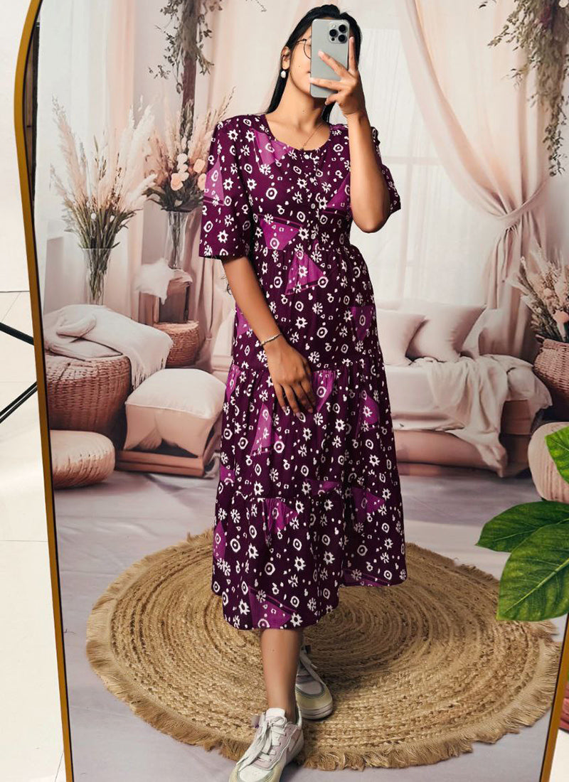 Purple Floral Printed Cotton Flare Midi Dress