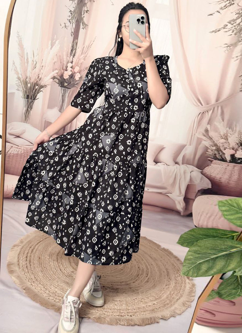 Black Cotton Floral Printed Flare Midi Dress