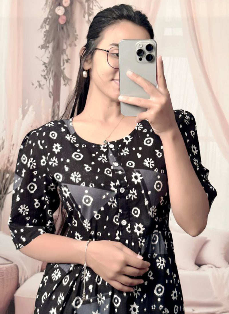 Black Cotton Floral Printed Flare Midi Dress