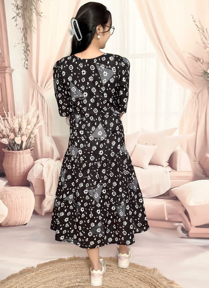 Black Cotton Floral Printed Flare Midi Dress