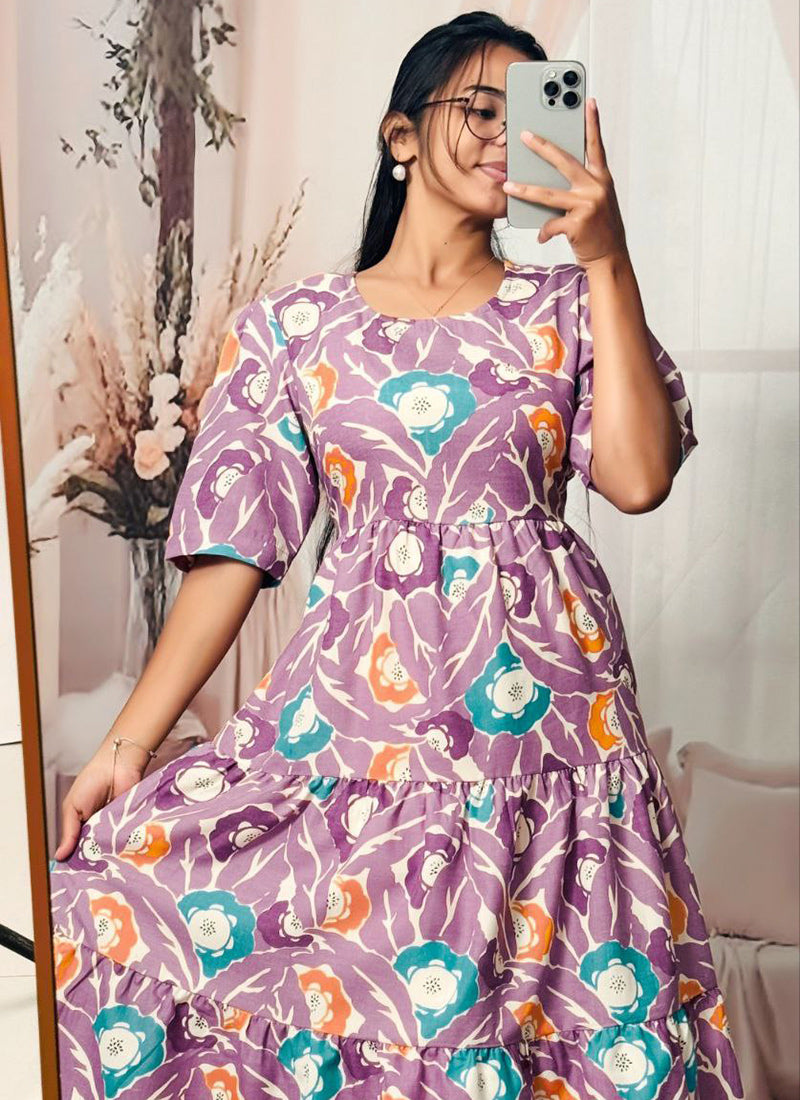 Lavender Digital Printed Cotton Midi Dress