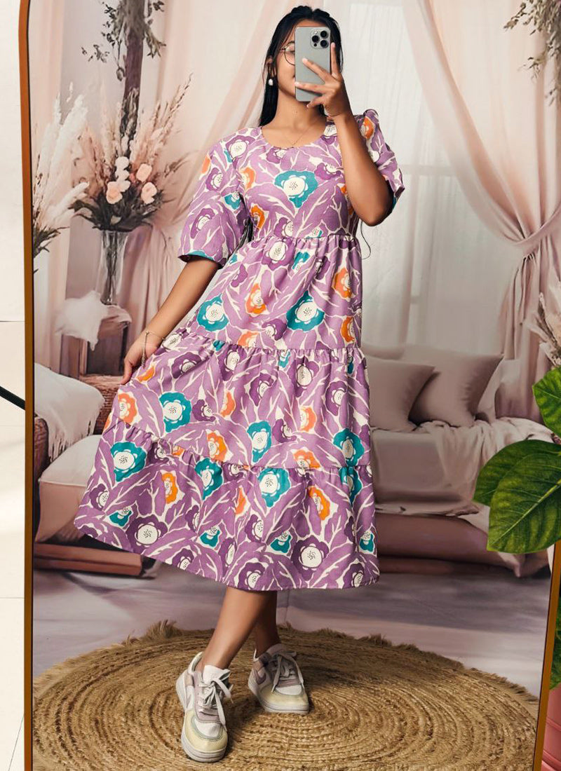 Lavender Digital Printed Cotton Midi Dress