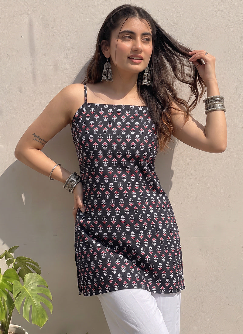 Black Cotton Printed Spaghetti Strap Kurti