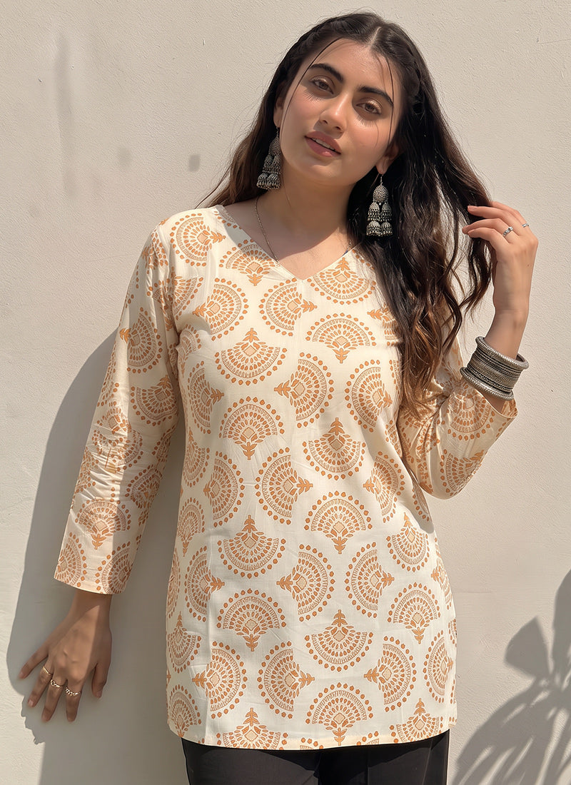 Off White Cotton Printed V Neck Kurti