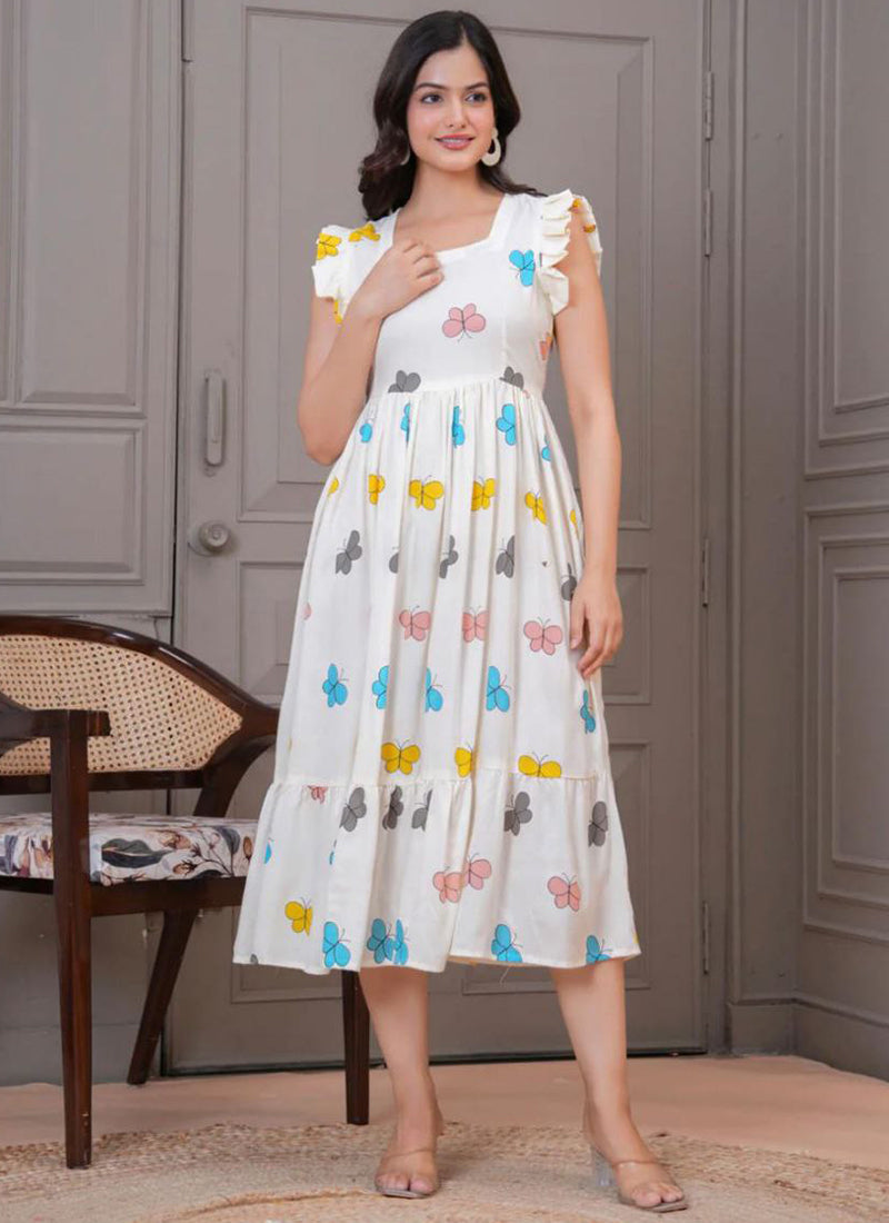 White Butterfly Printed Cotton Midi Dress
