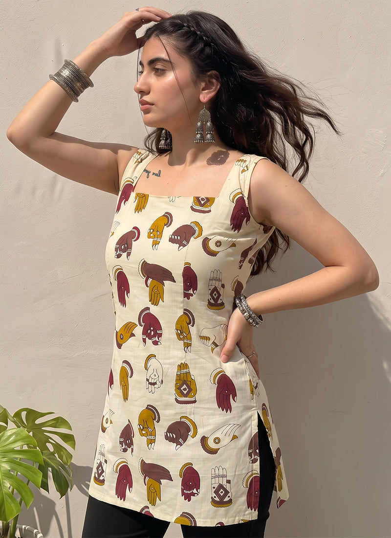 Cream Cotton Sleeveless Outwear Kurti