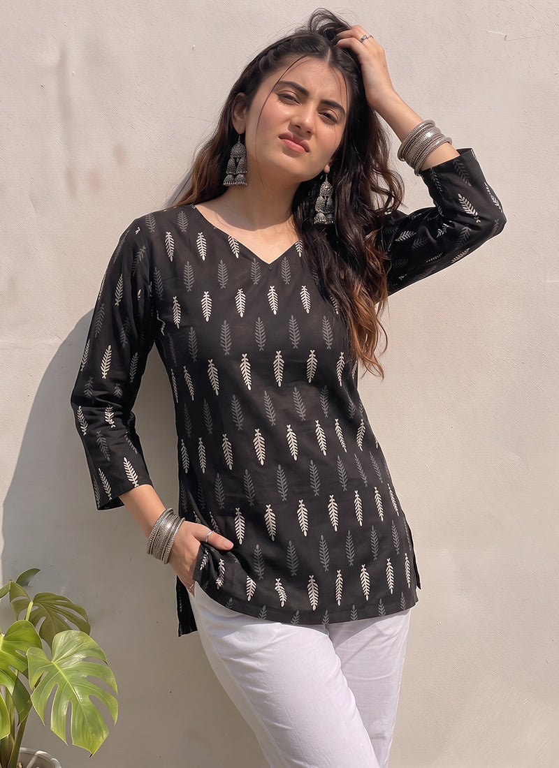 Black Printed Cotton V Neck Kurti