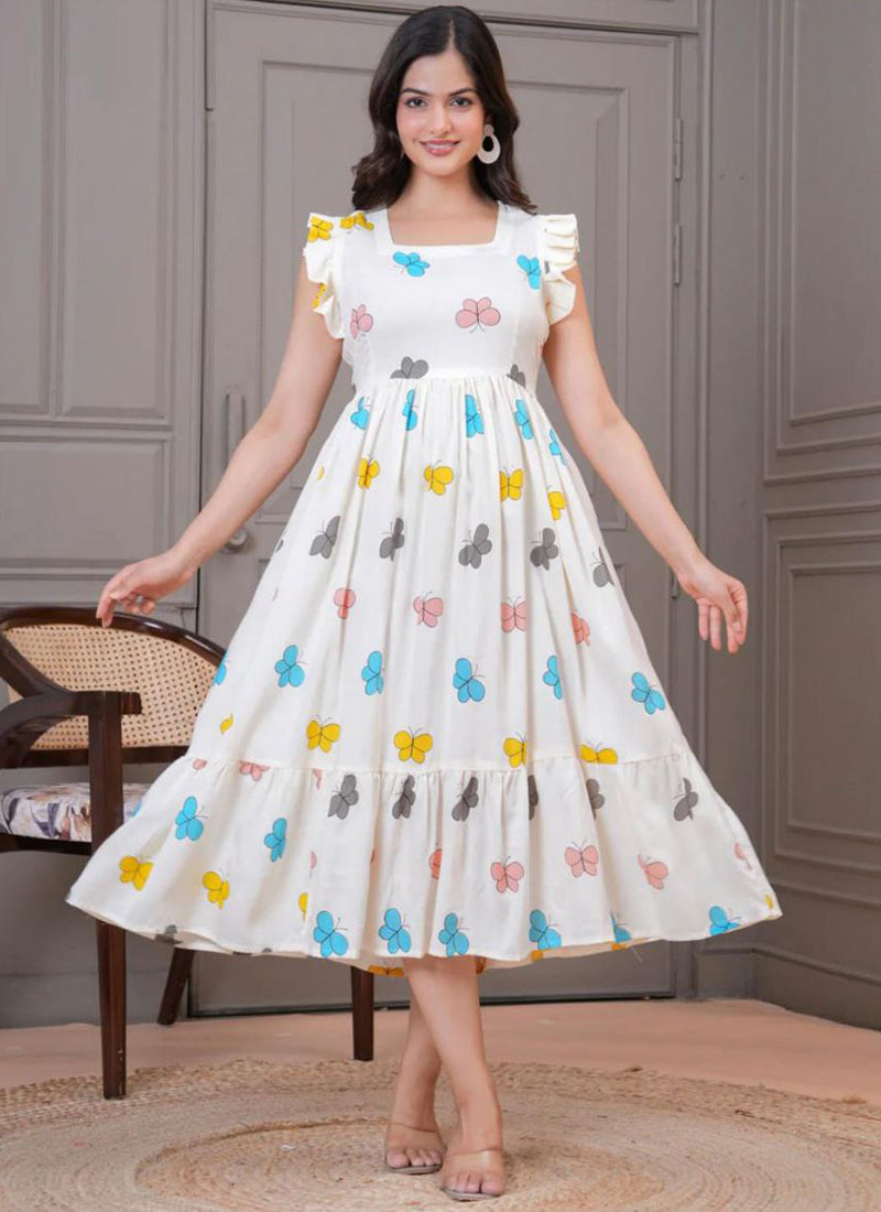 White Butterfly Printed Cotton Midi Dress