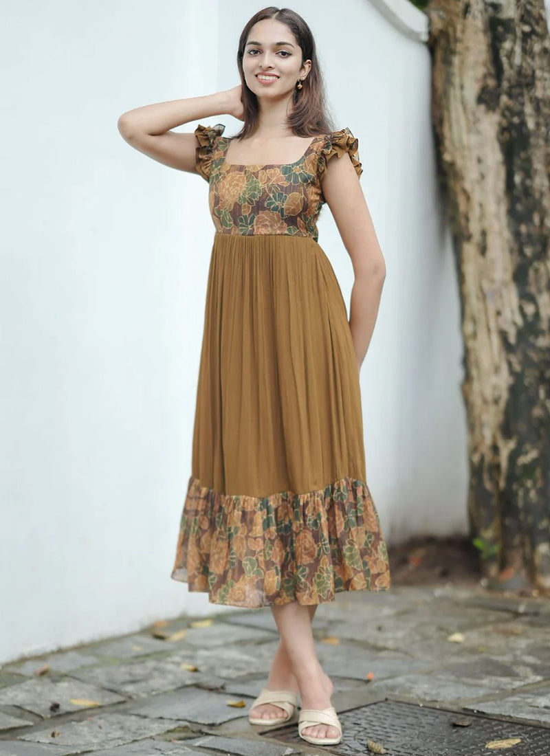 Floral Printed Brown Rayon Tiered Midi Dress