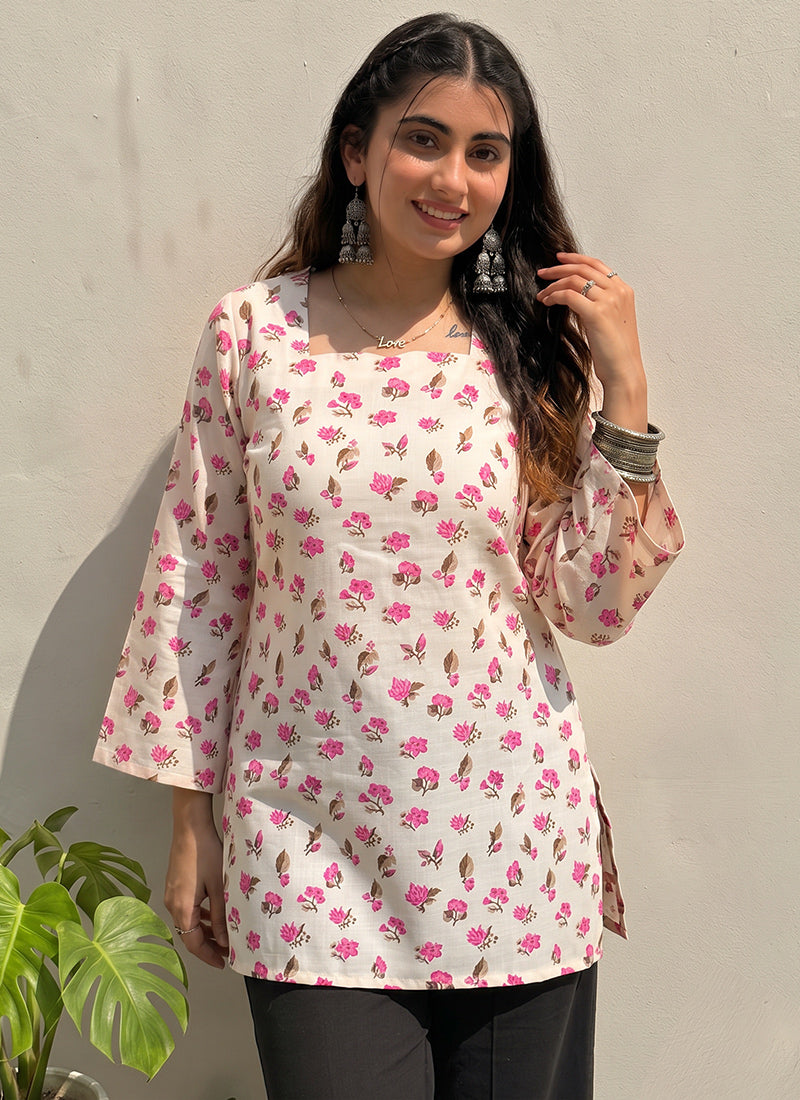 Off White Floral Printed Cotton Officewear Kurti