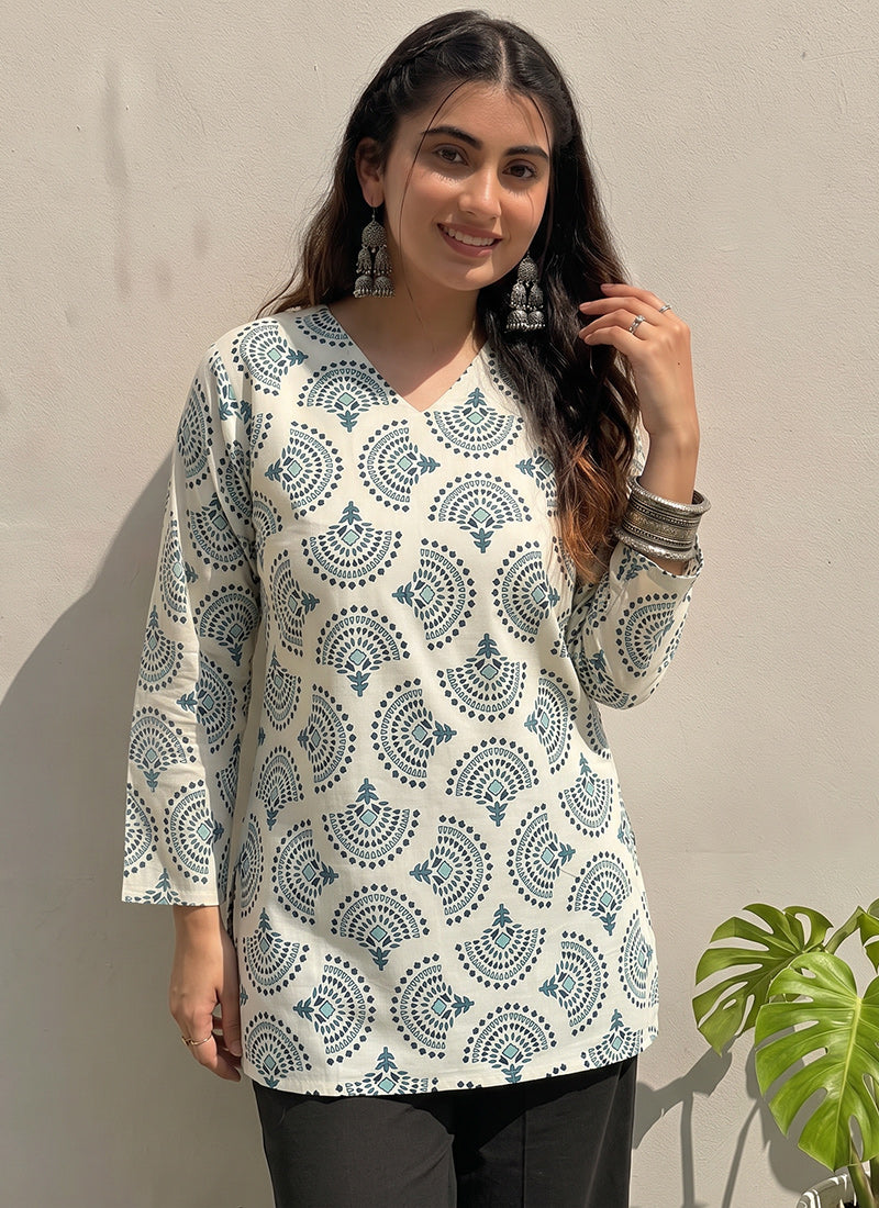 Off White And Green Printed Cotton Kurti