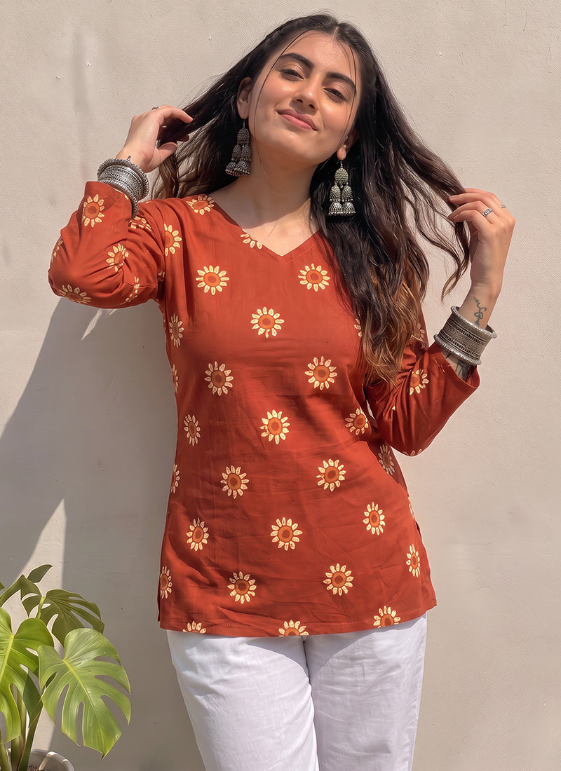 Orange Flower Printed Cotton V Neck Kurti