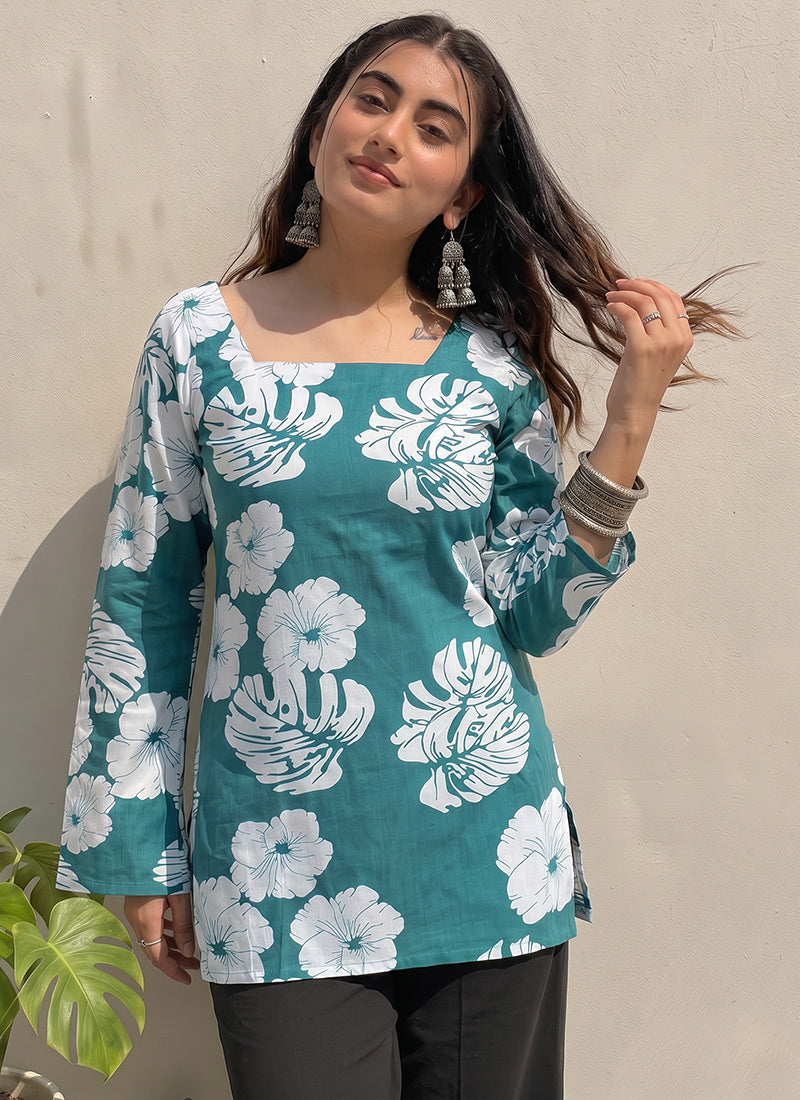 Teal Green Floral Printed Square Neck Cotton Kurti