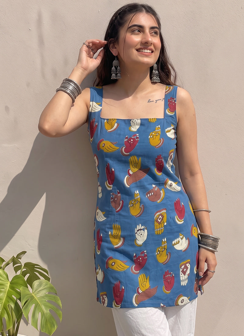 Blue Cotton Printed Straight-Cut Kurti
