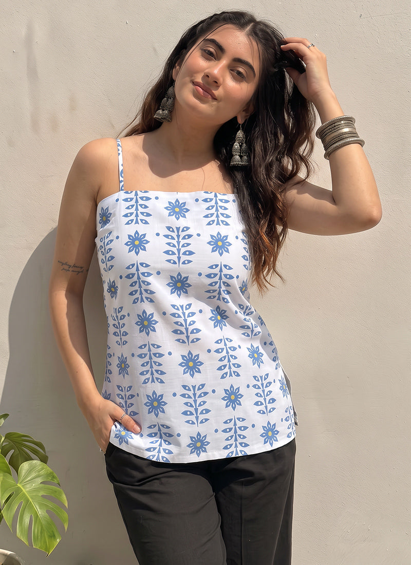 White Floral Printed Cotton Outwear Kurti