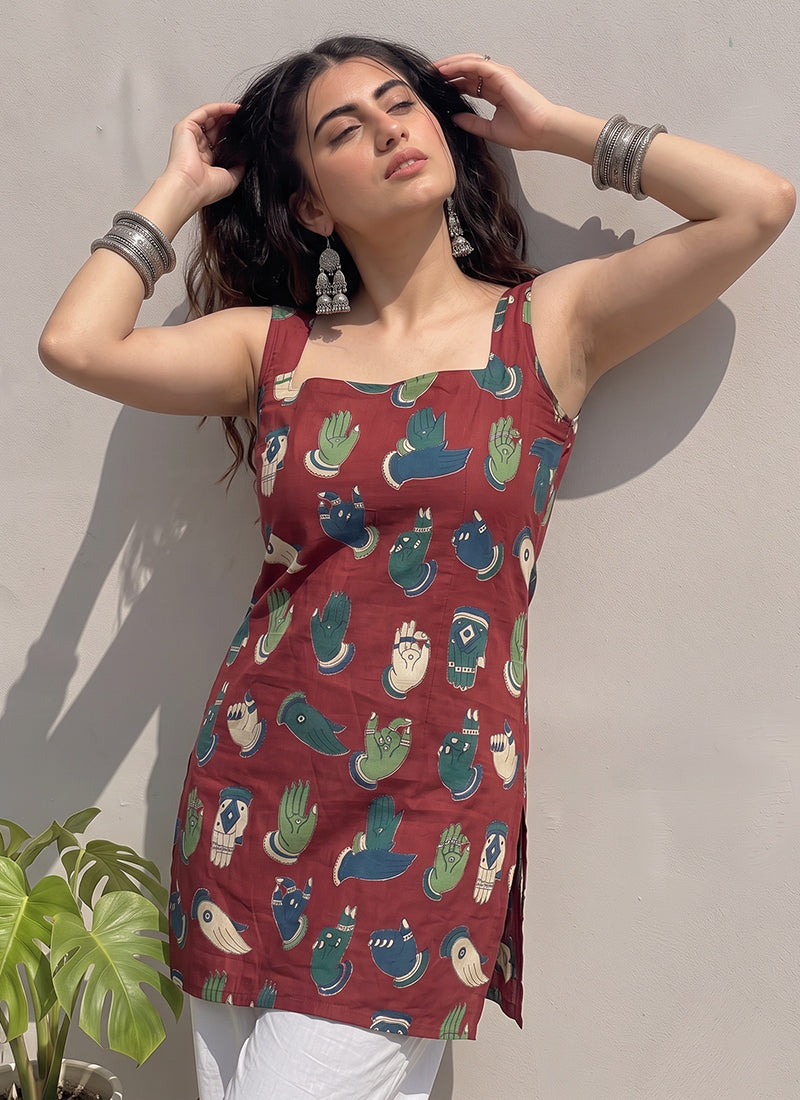 Maroon Cotton Printed Straight-Cut Kurti