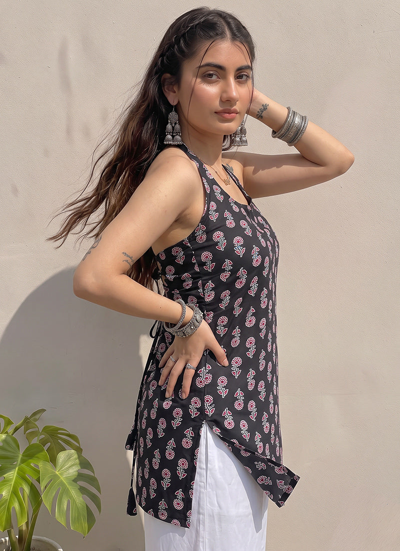 Black Cotton Printed Halter Neck Kurti