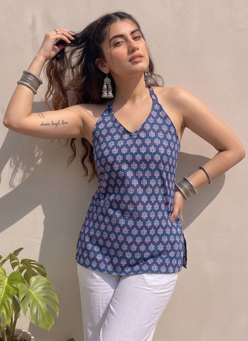 Blue Halter Neck Cotton Printed Outwear Kurti
