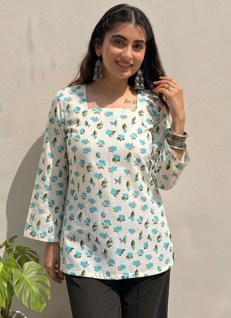 Off White Digital Printed Cotton Kurti