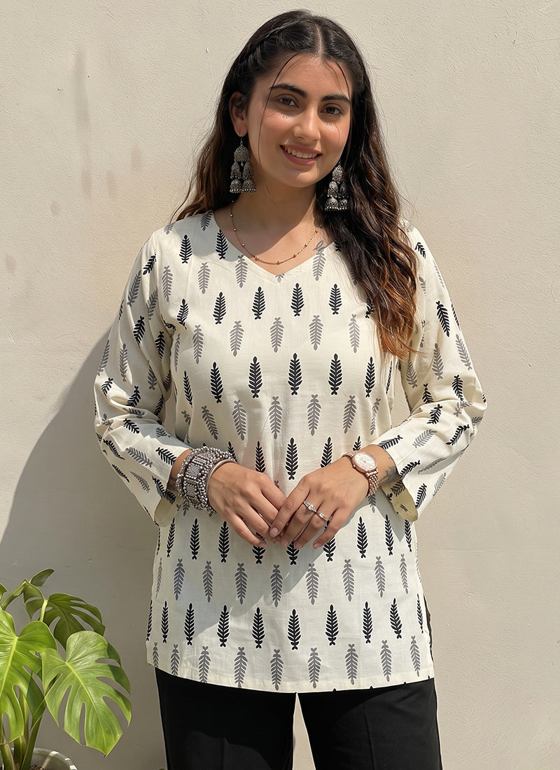 White And Black Cotton Printed Kurti