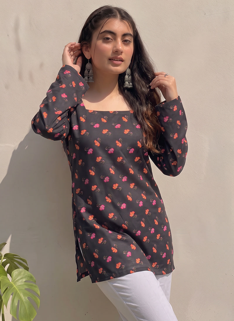 Black Cotton Printed Bell Sleeves Kurti