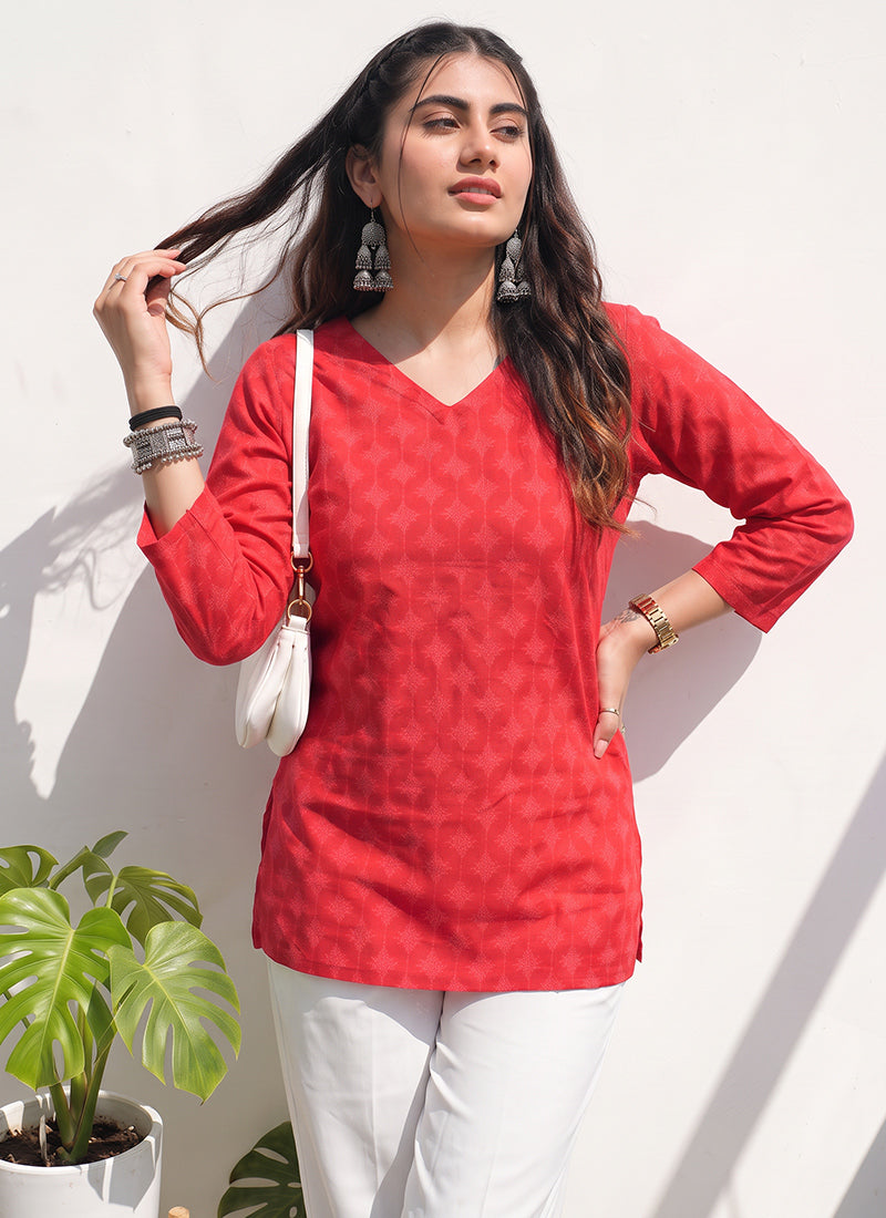 Red Cotton Printed V Neck Officewear Kurti