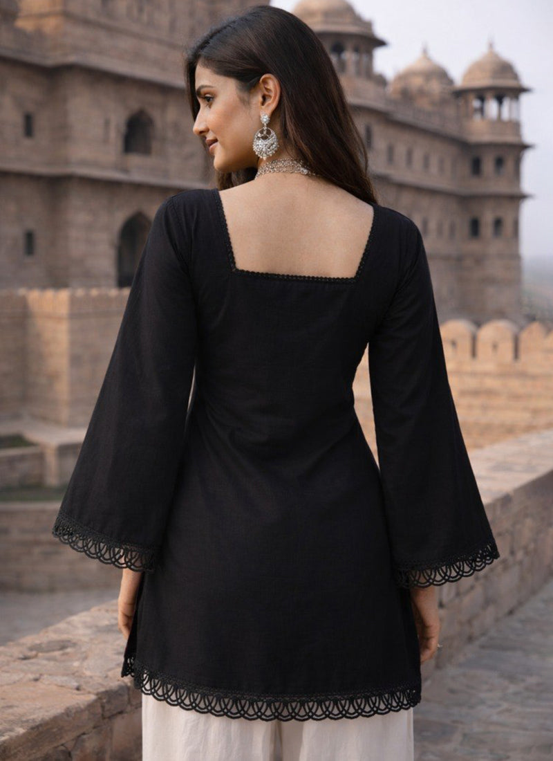 Black Square Neck Roman Silk Kurti