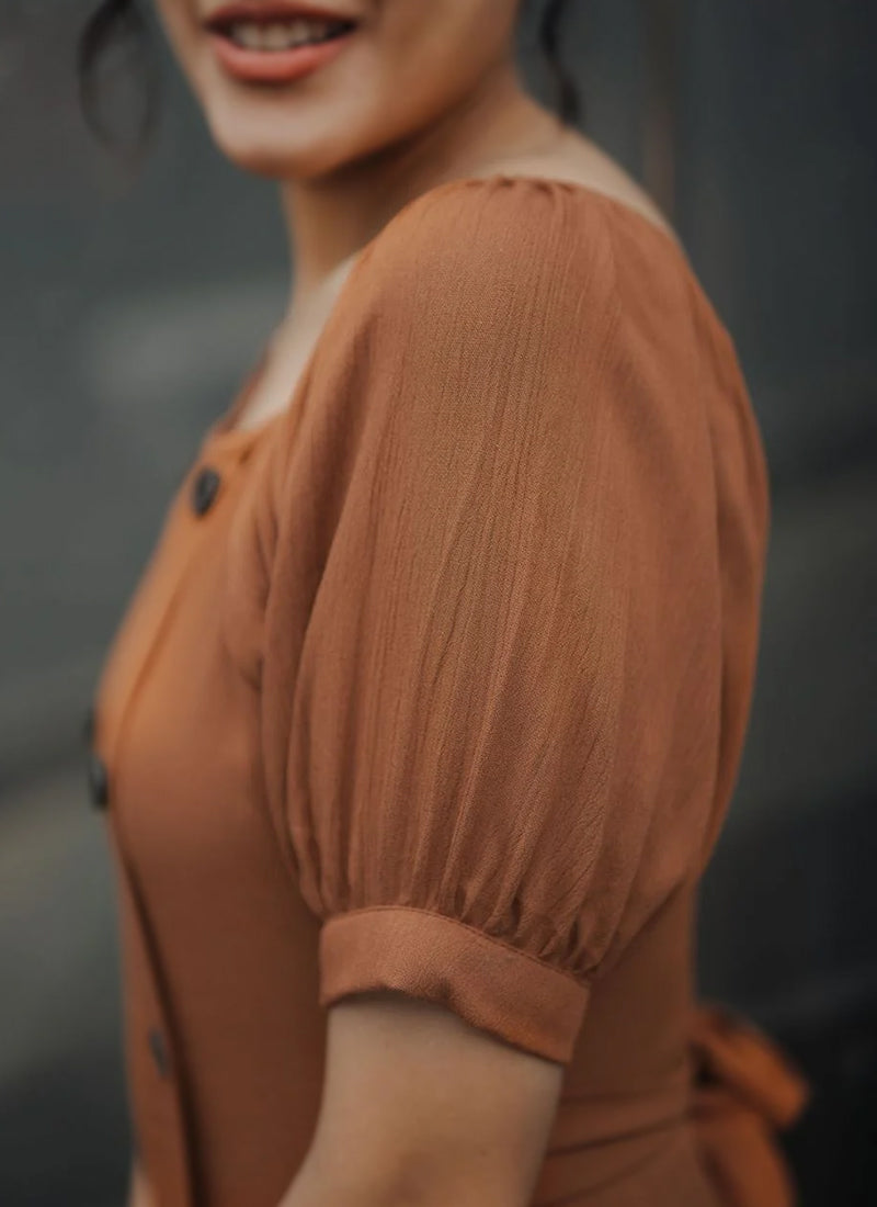 Brown Rayon Flary Party Wear Midi Dress