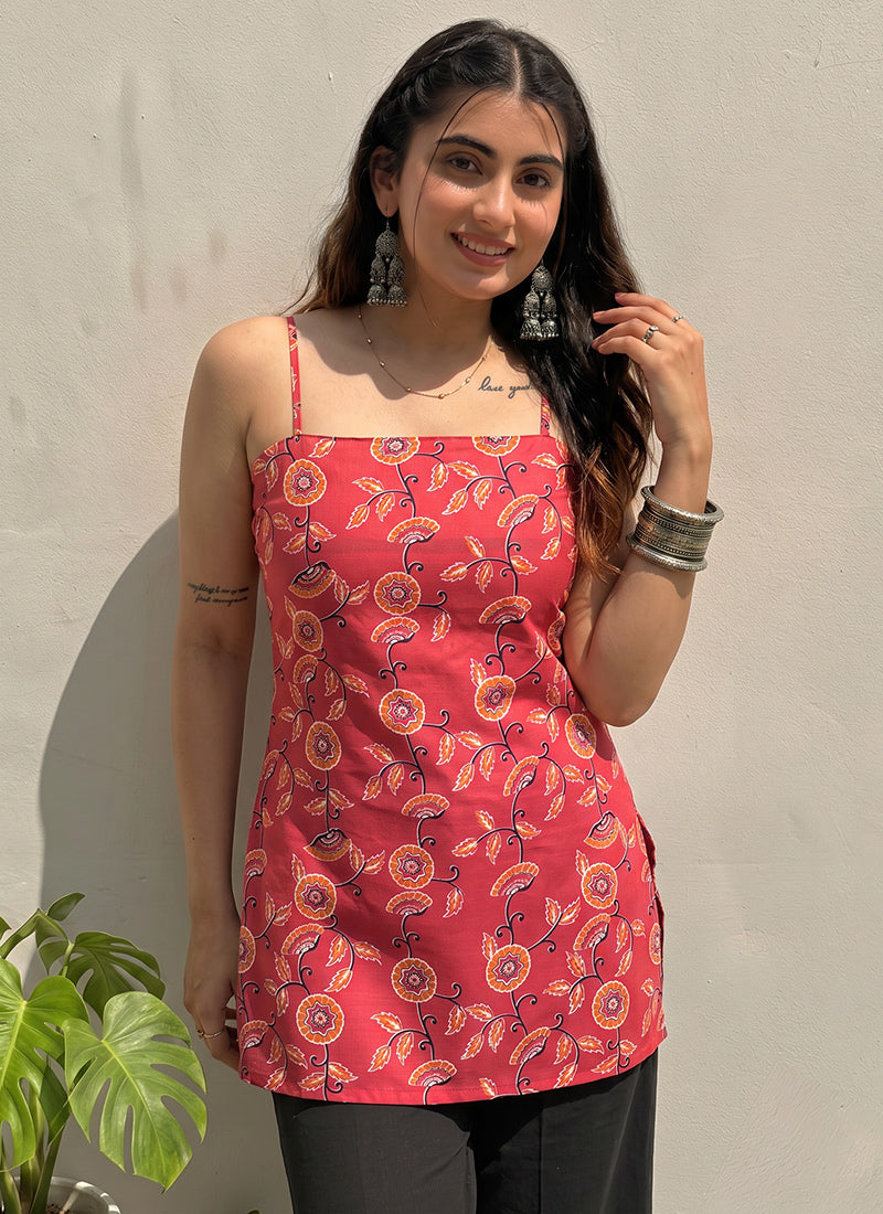 Red Floral Printed Cotton Outwear Kurti