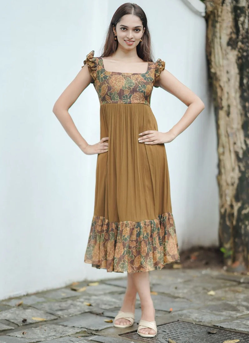 Floral Printed Brown Rayon Tiered Midi Dress