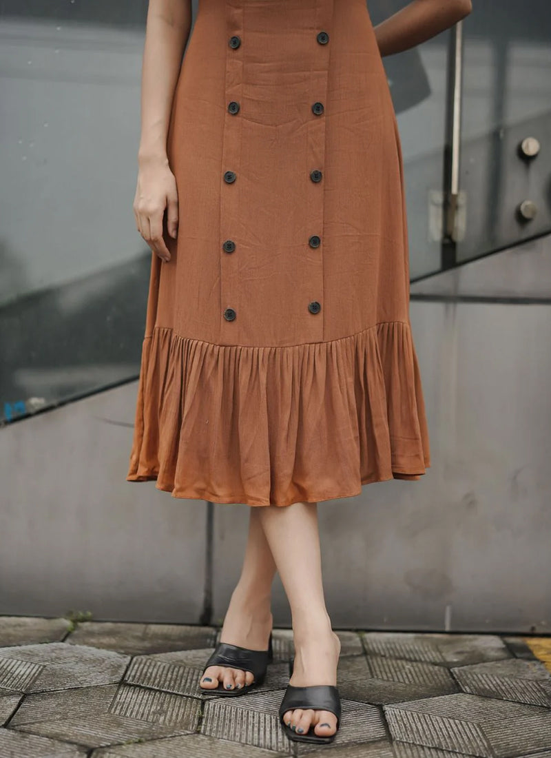Brown Rayon Flary Party Wear Midi Dress