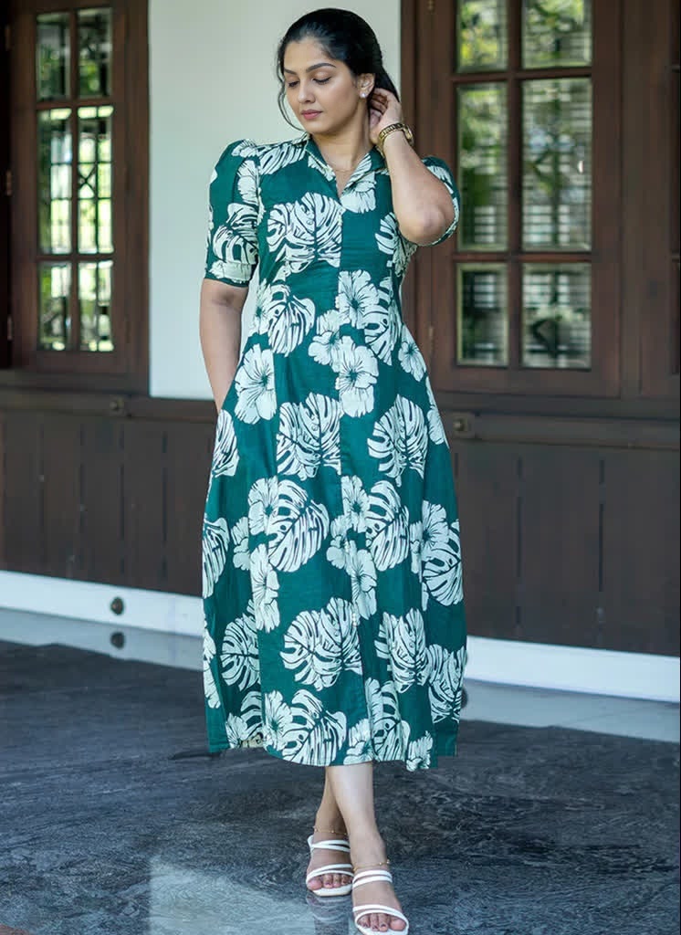 Leaf Printed Rayon Midi Dress