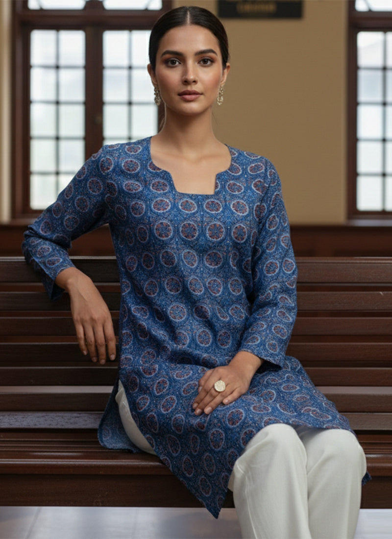 Indigo Blue Digital Printed Muslin Casual Short Kurti