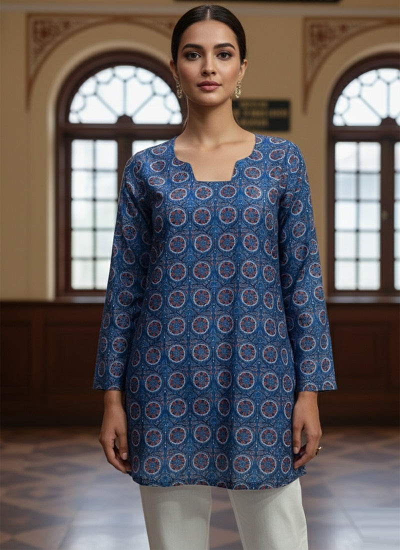 Indigo Blue Digital Printed Muslin Casual Short Kurti