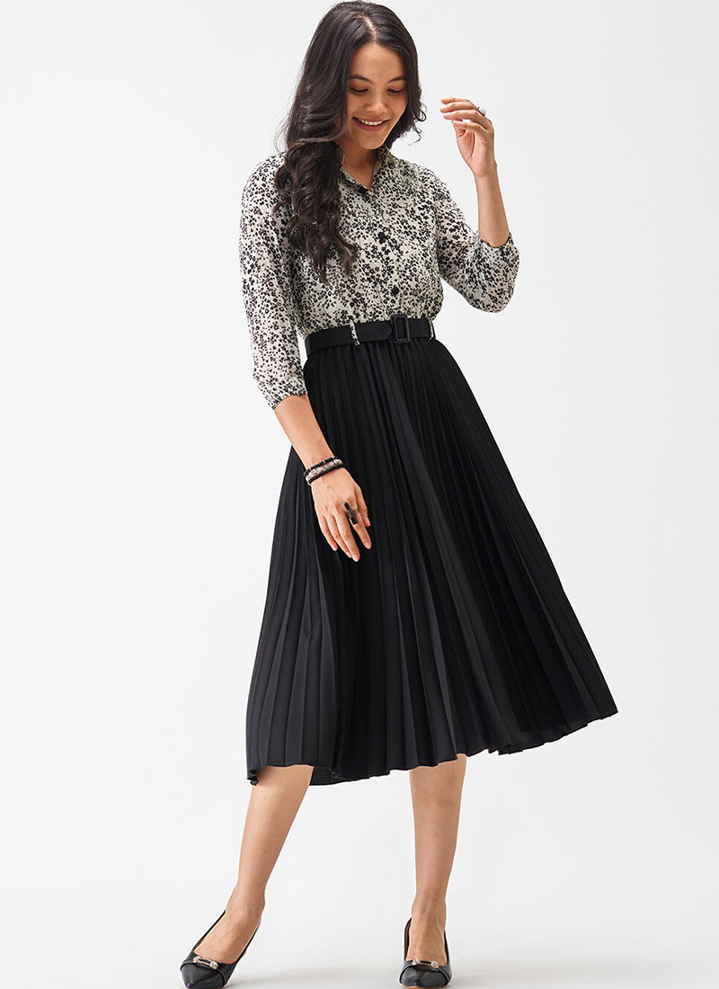 Black Crepe Floral Printed Midi Dress