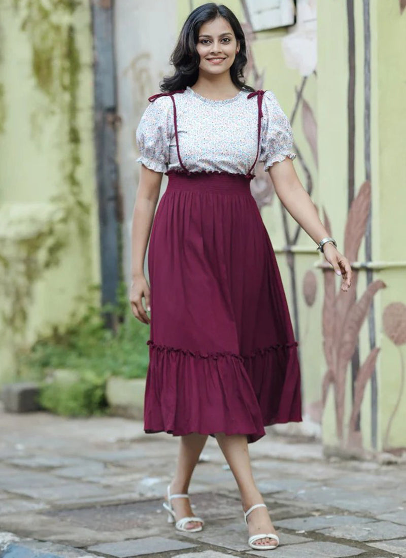 Maroon And White Rayon Printed Outwear Midi Dress