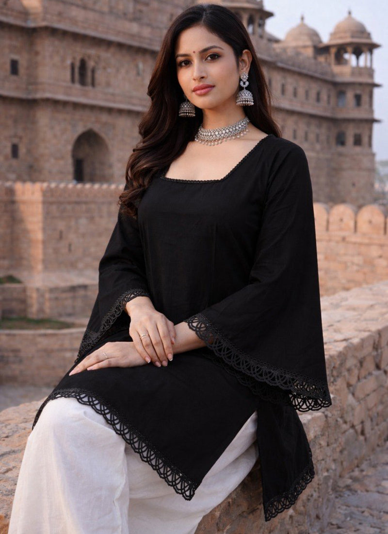 Black Square Neck Roman Silk Kurti