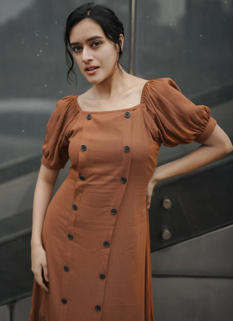 Brown Rayon Flary Party Wear Midi Dress