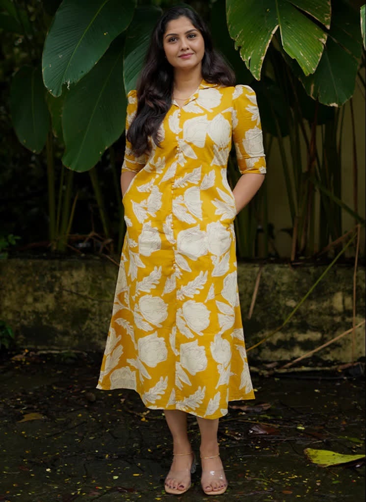 Yellow floral printed midi dress